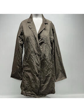 Sun Kim Boyfriend Jacket Crinkle Collared Button Down Light Coat Brown Green XL
